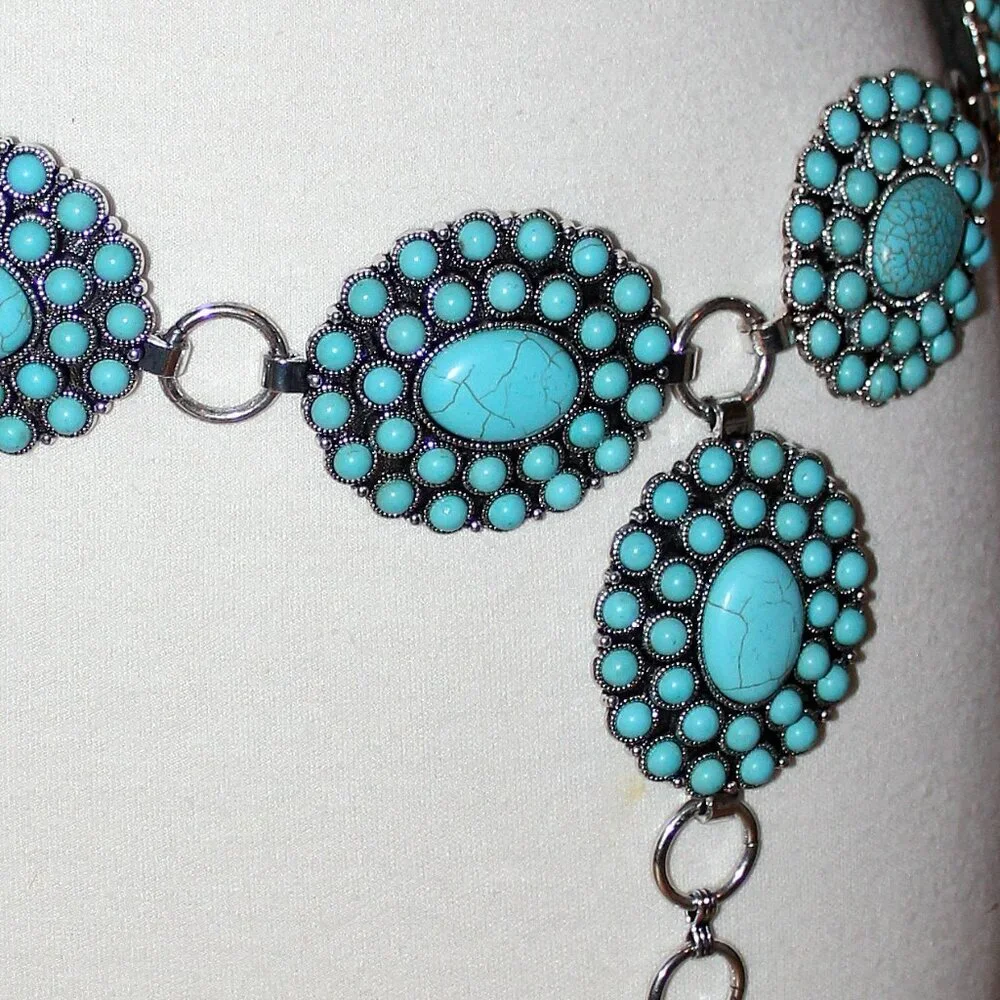Western Turquoise Flower Concho Floral Oval Burst Medallion Belt L/XL by Tipi - Picture 6 of 8
